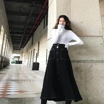 

2020 Women Spring Sutumn Retro Elegant Temperament New Style Black Button Pocket Skirt Loose Casual Midi Skirt Fashion Tide