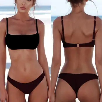 

Sexy Soild Split Bikini Set Womens Bandage Push-up Padded Bra Bikini & High Wrist Thong Swimsuit Femme Swimwear Beach Lingerie