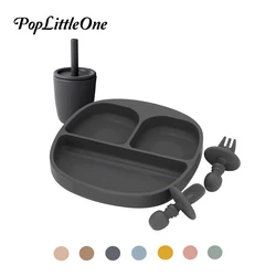 Vajilla para niños de 4 piezas, tenedor corto de silicona suave, cuchara, plato de succión fuerte separado, antiolor, taza de paja de silicona para niños y niñas