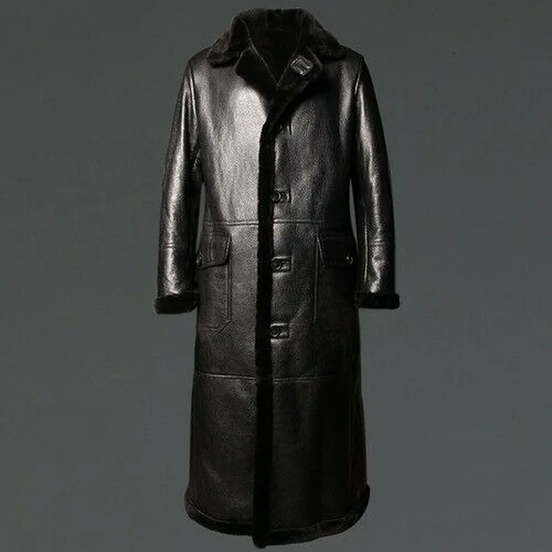 

New Autumn Winter Men Fur Coat Sheepskin Fur Coat Leather Trench Outerwear Parka Over Knee Leather Fashion Warm Overcoat Outwear