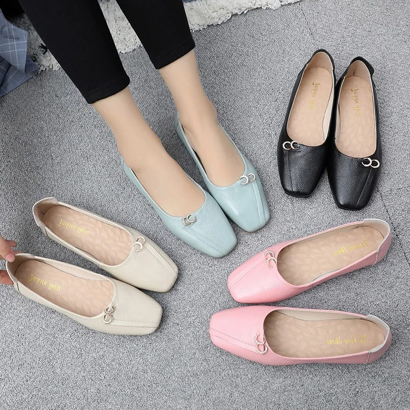 

Cowhide 2019 New Style Spring Women's Comfortable Soft Bottom Autumn Shoes Square Head Low-Cut Square Head Low-top Shoes