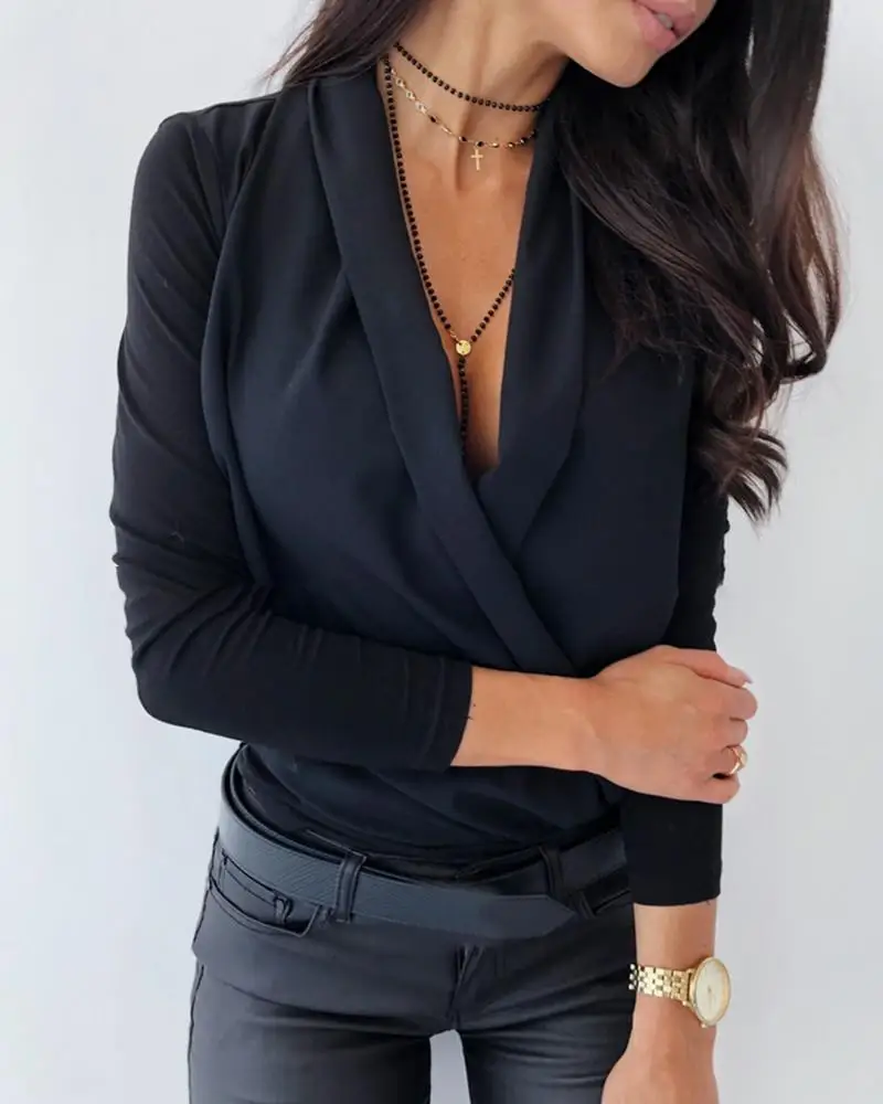 Solid Cowl Neck Long Sleeve Ruched Casual Blouse Tops