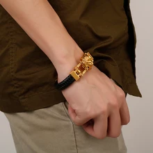 Рождественские подарки для мужчин из нержавеющей стали с черным кожаным Огромный Байкер Лев головная повязка браслет для мужчин Подарки для папы подарок мужу