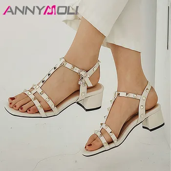 

ANNYMOLI T-strap Sandals Woman Med Heels Buckle Square Toe Lady Sandals Rivet Block Heel Shoes Summer Beige Green Large Size 43