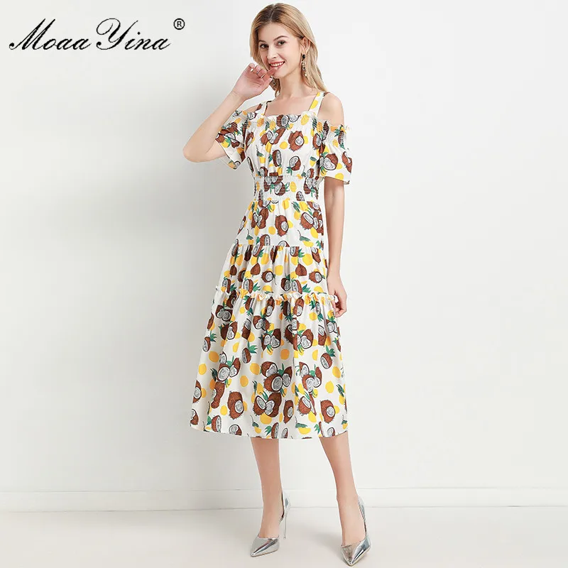

MoaaYina Fashion Designer dress Spring Summer Women's Dress spaghetti strap off shoulder coconut lemon Print Vacation Dresses