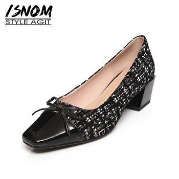 

ISNOM Ladies Bow Tie Pumps Shoes Woman Print Sheepskin Chunky Heels Women Pumps Square Toe Mixed Color Ladies Shoes