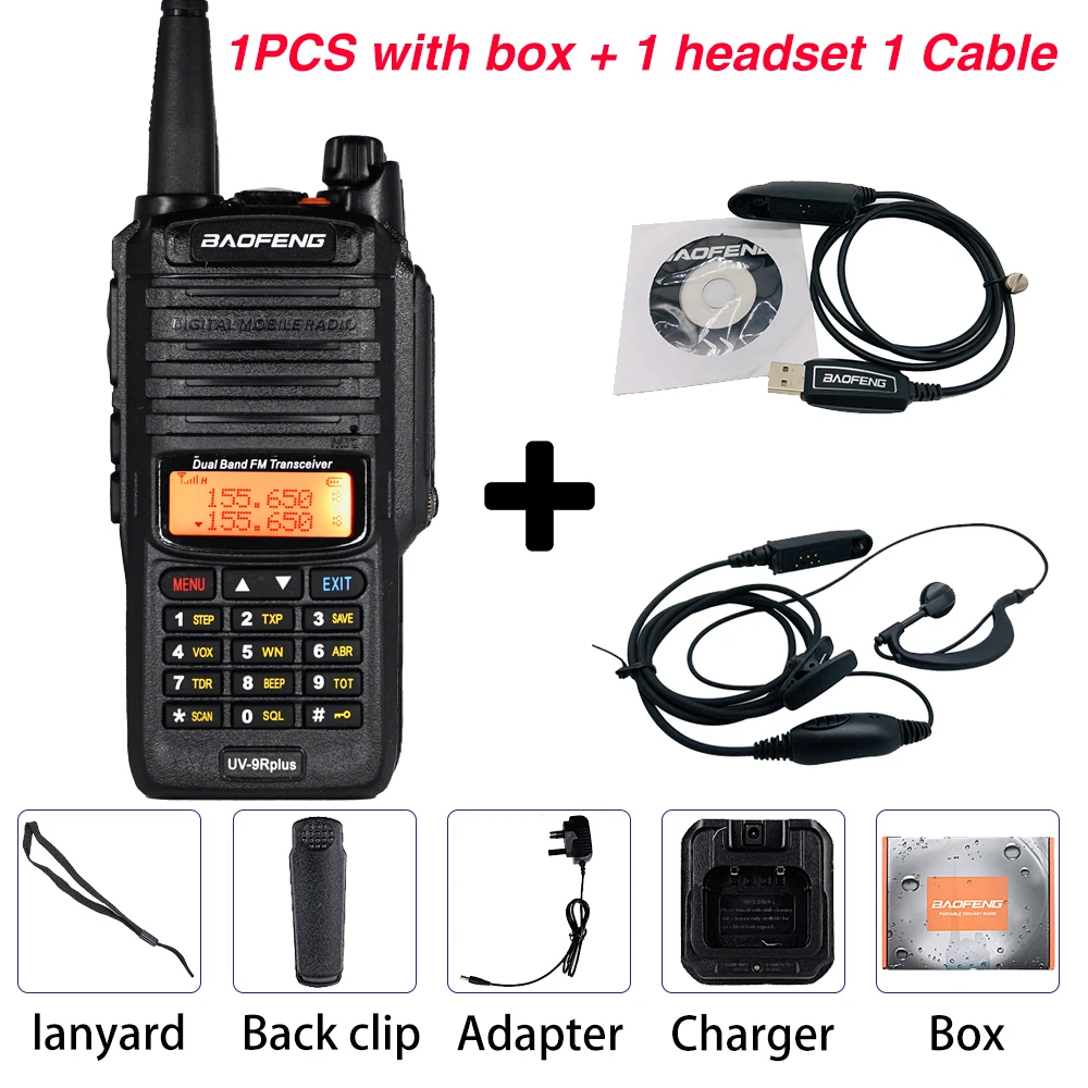 Распродажа! Высокая мощность 10 Вт Baofeng UV-9R Plus Walkie Talkie IP67 водонепроницаемый двухдиапазонный FM HF трансивер 10 км радиопередатчик - Цвет: Add 1 cable 1headset