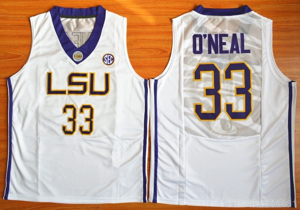 Мужская майка Shaquille Oneal#33 LSU, белая/фиолетовая/желтая, сшитая, размер S-XXL
