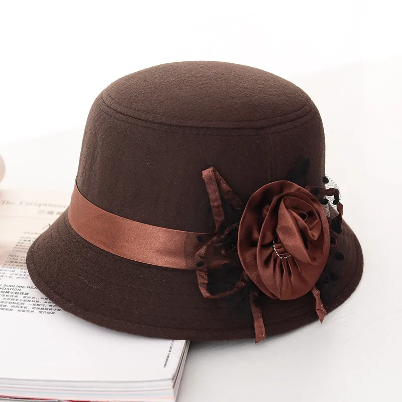 Новейшая модель, Осень-зима, модная винтажная женская шляпа-федора, имитация шерстяного цветка, сохраняющая тепло, женские шапки-котелки - Цвет: HC003-112-D