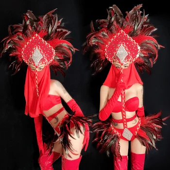 

Stage Costumes For Singers Red Sexy Feather Bikini Set Nightclub Festival Outfit Dj Ds Gogo Pole Dance Performance Wear DN4780