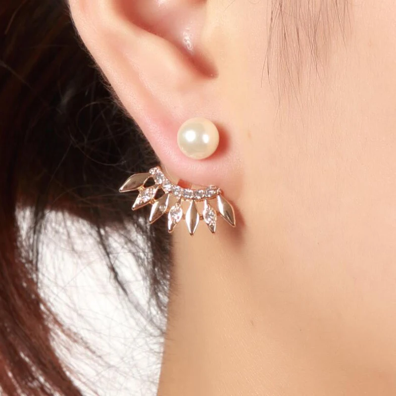 Jisensp Delicate Geometric Mental Ear Jackets Fashion Jewelry for Women Unique Design Pearl Curve Stud Earrings Party Gift