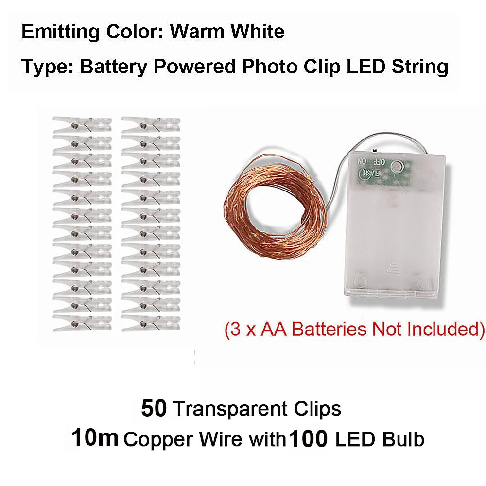 10m Warm White 2 м/5 м/10 м зажим для фото USB светодиодный гирлянды сказочные огни наружная гирлянда на батарейках рождественские украшения вечерние, свадебные, рождественские - Испускаемый цвет: 10m Warm White