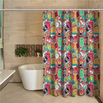 

Indie Professional Shower Curtain Colorful Hipster Design Elements Old Fashioned Culture Technology Urban Theme Funky Decorative