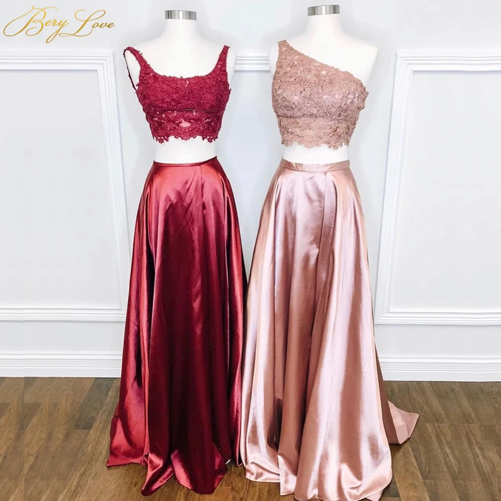 

Two Piece Pink Evening Dress 2019 High Slit Backless Lace Bodice Satin Prom Party Gown Abiye robe femme long dresses robe de
