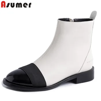 

ASUMER 2020 new arrive ankle boots women genuine leather shoes mixed colors round toe zipper low heel casual shoes woman