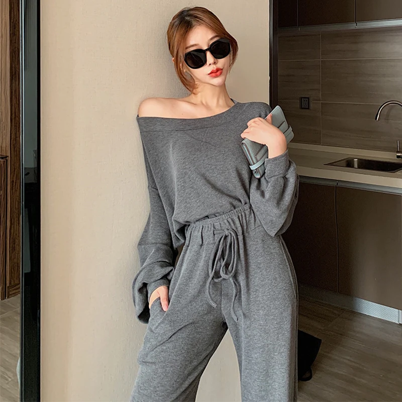 

New arrival temperament high quality two-piece set loose sexy basic t-shirt comfortable long pant fashion outdoor cute women set