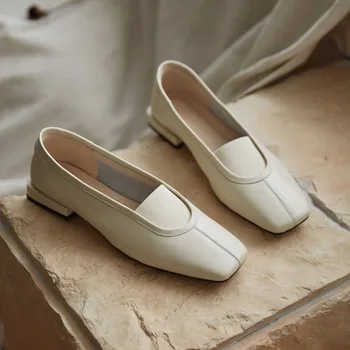 

Women Shoes Low Wooden Low Heel Ballet Square Toe Shallow Brand Shoes Slip On Loafers Fashion Genuine Leather womens shoes