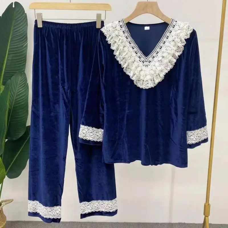 

Tulin Fashion Women Lace Trim 2PCS Sleepwear Sexy V-neck Pajamas Set Autumn Pijamas Suit Female Loungewear Casual Trousers Suit
