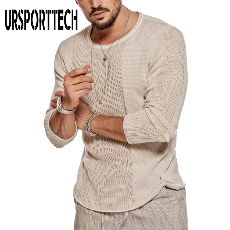 URSPORTTECH hombres suéter Slim Fit suéteres jersey de la calle O cuello de Color sólido plisado hombre suéter de gran tamaño de talla grande 3XL