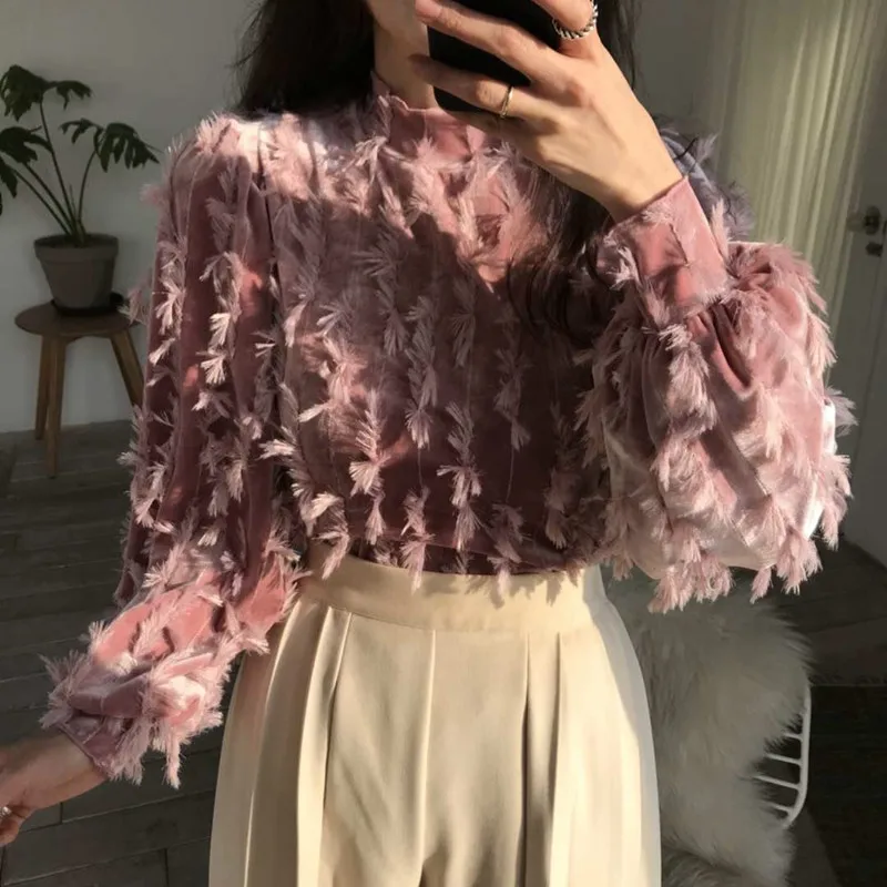 Pink womens shirt RICININA, женские блузки и топы,, о-образный вырез, с кисточками, одноцветные, повседневные, женские рубашки с длинным рукавом, винтажная блузка для женщин, весна - Цвет: Pink womens shirt