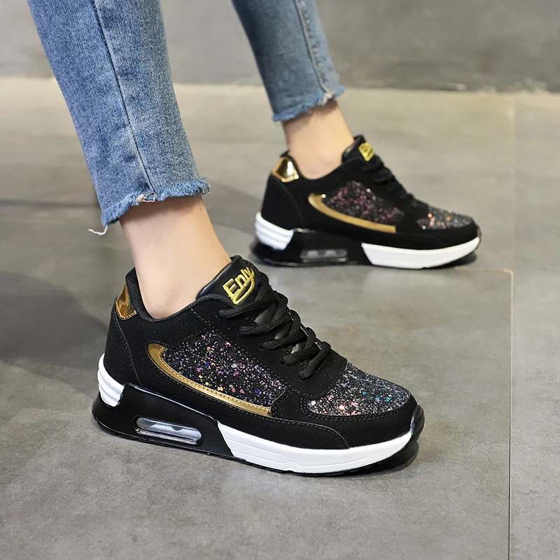 Women's Lace Up Sneakers Flash Spring and Autumn Flat Vulcanized Women's Glittering Leisure Women's Fashion Thick Soled Shoes