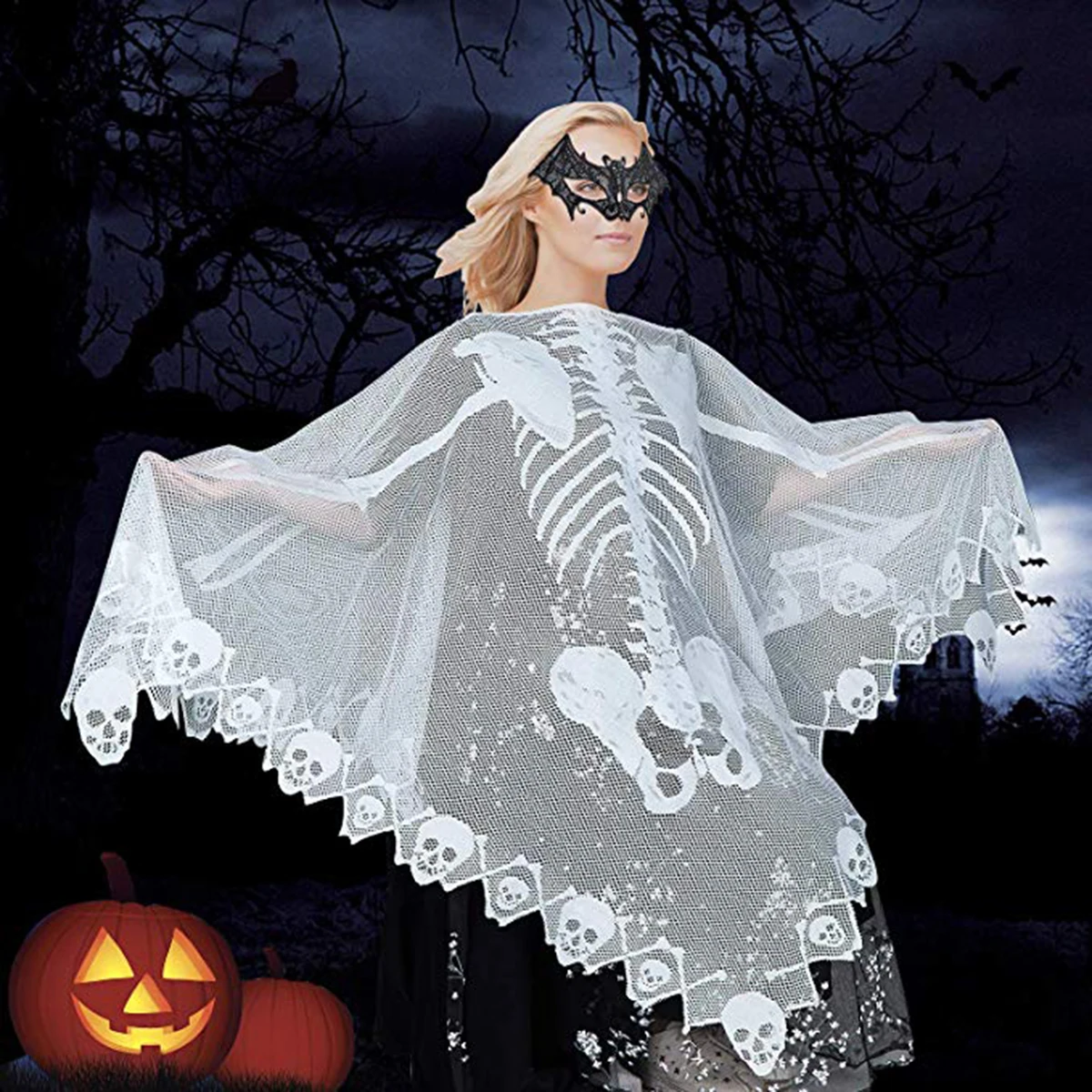 Puseky 49*49 дюймов шарф Хэллоуин пончо череп на заказ для женщин белый кружевной Скелет пончо любимая для вечеринки в честь Хэллоуина Прямая