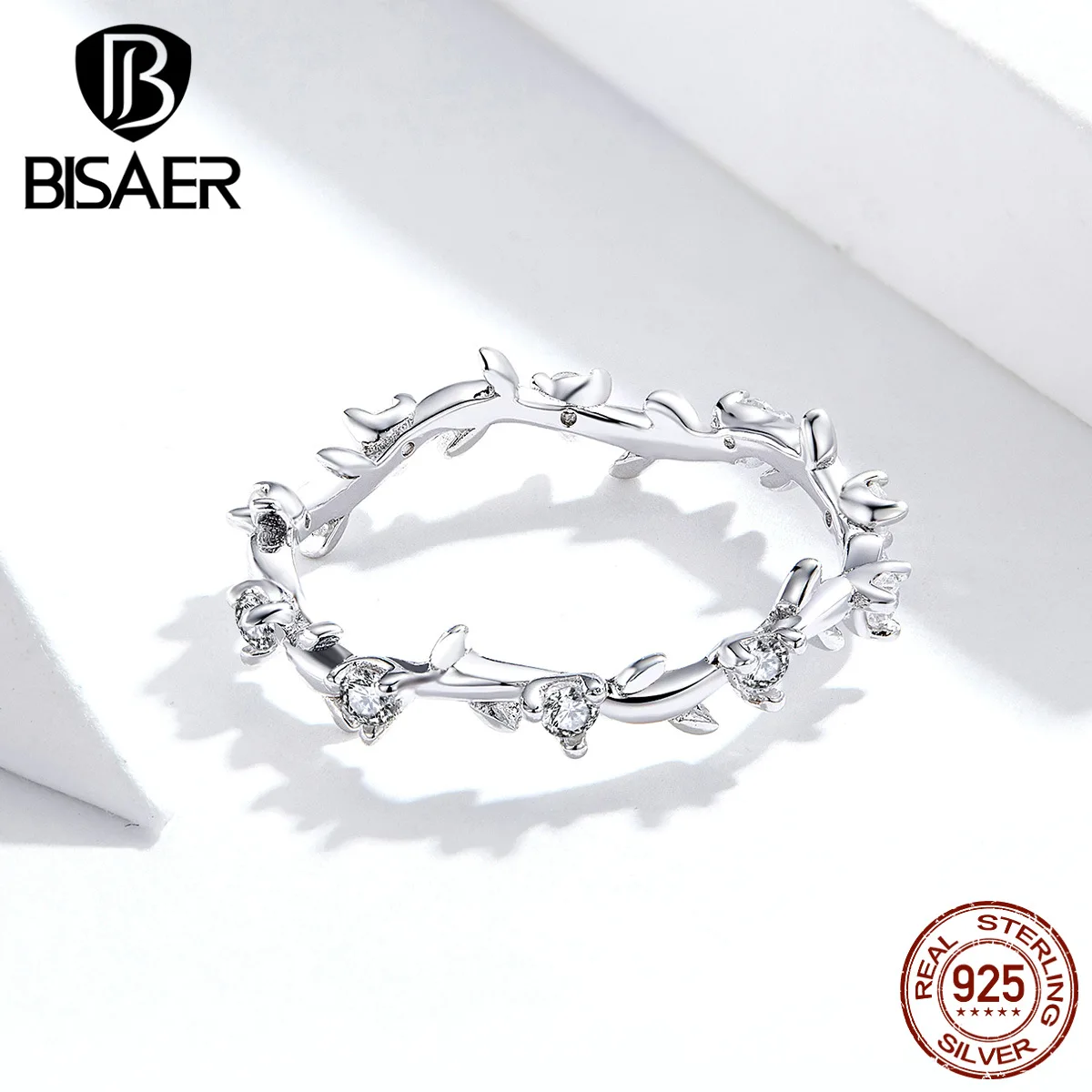 BISAER,, 925 пробы, серебряное дерево, листья, лист, кольца на палец для женщин, роскошные серебряные ювелирные изделия, стекируемые кольца в виде листьев GXR625