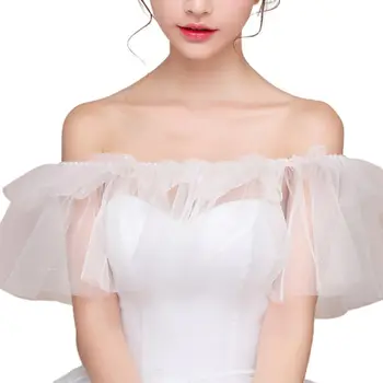 

Bridal Wedding Shawl Wrap Faux Pearl Ruffle Sheer Tulle Off Shoulder Ribbon Cape