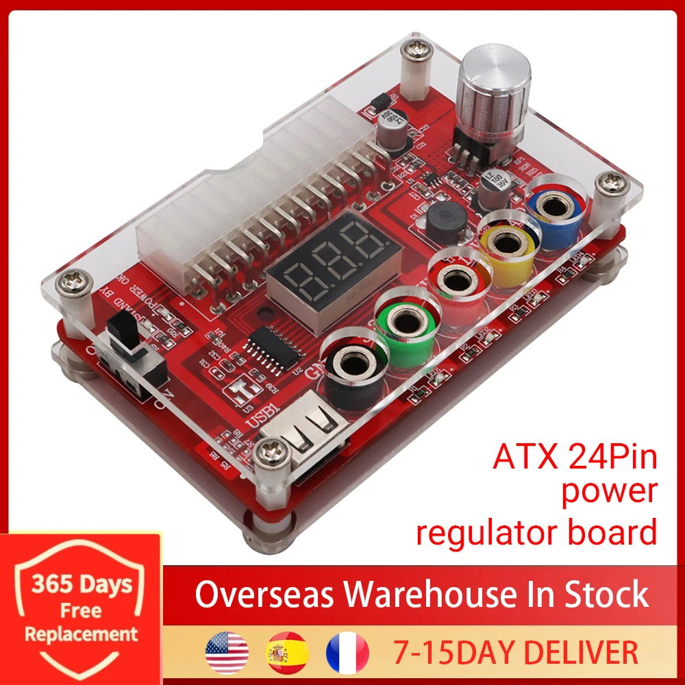 ATX Power Supply Breakout Board with Acrylic Case 24 Pins Module Adapter Power Connector Support 3.3V/5V/12V 1.8V-10.8V ADJ 