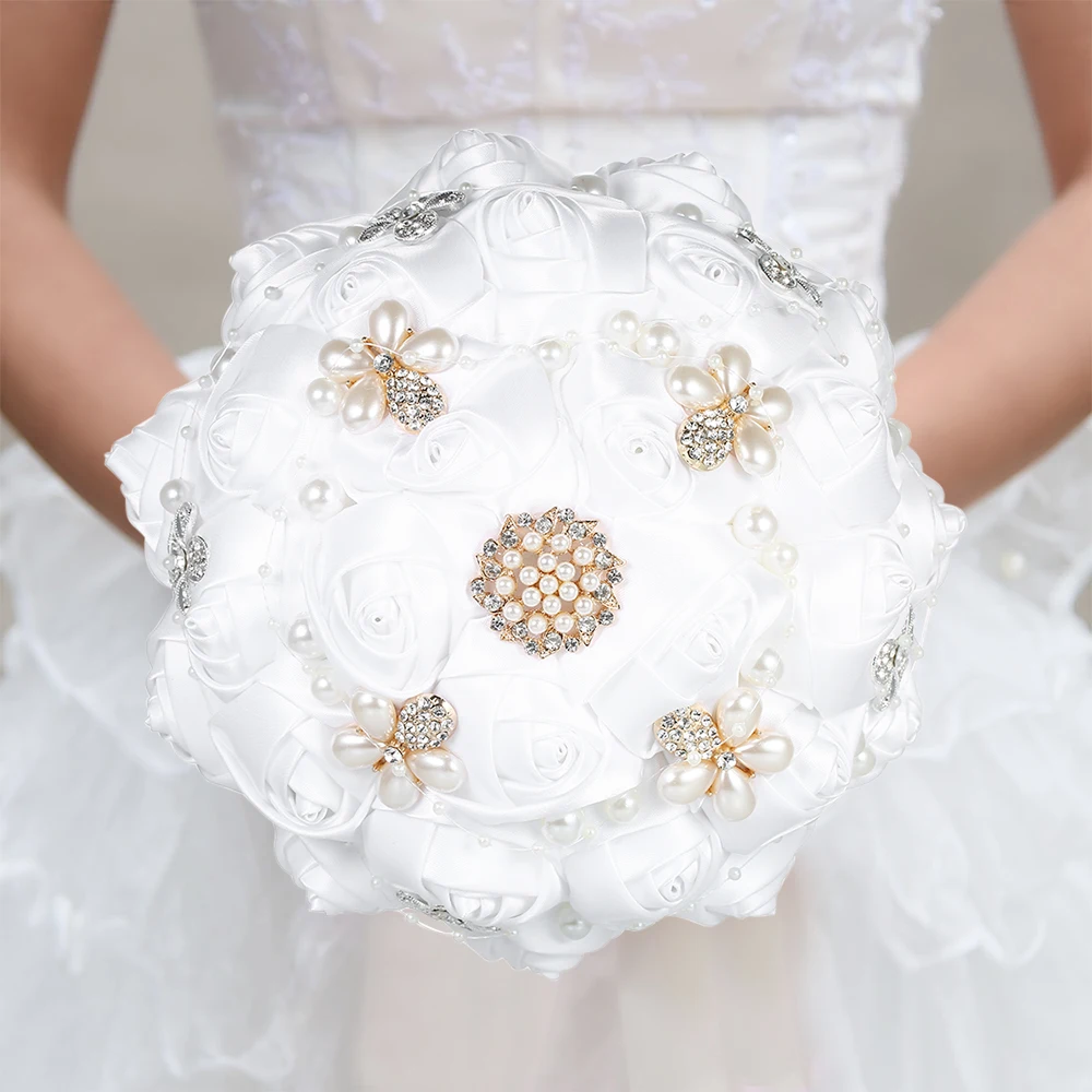 

18cm Handmade Flower Wedding Butterfly Brooch Bridal Bouquet Satin Rose Flower Artificial Pearls Rhinestone Decorated for Bride