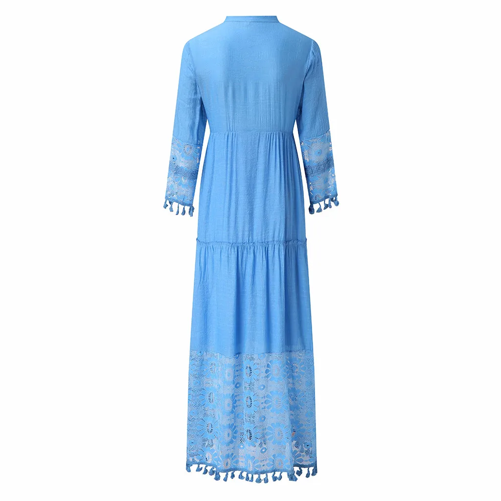 Tops 2021 New Summer Fashion Casual Bohemian Dress Large Size V-Neck Solid Color Lace Femme Robe Tassel Long Ladies Dresses wedding dresses