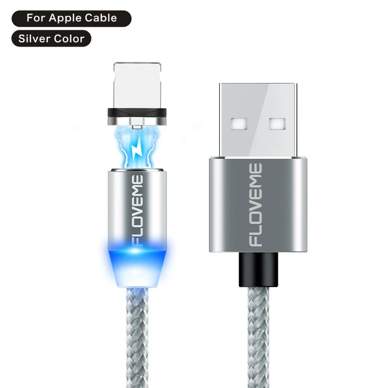 FLOVEM Магнитный кабель Micro usb type C USB-C кабель 1 м 2 м светодиодный короткий usb кабель для зарядки магнитное зарядное устройство круглый разъем для iPhone XR - Цвет: For Apple Silver