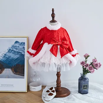 

Baby Girl Autumn Winter Red Long Sleeve Spainish Princess Dress for Christmas New Year Party Girl's Birthday Cotton Lace Dress