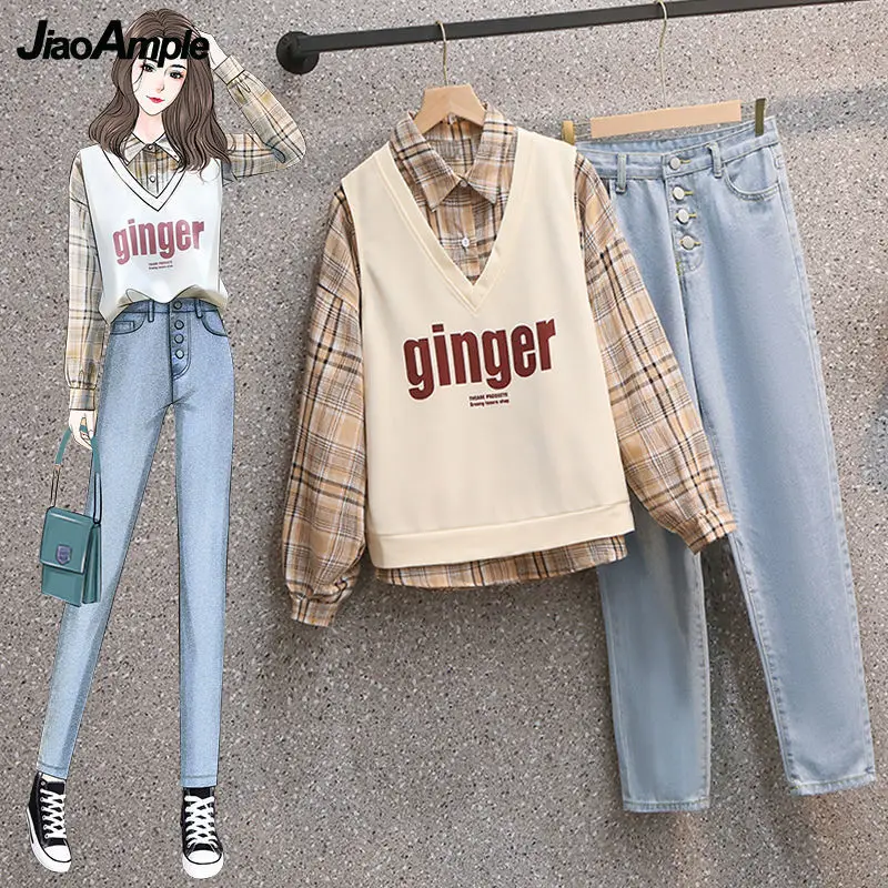 Spring Autumn Denim Trouser Suits 2021 Korean Student Casual Plaid Shirt+Letter Vest+Jeans Female Set Fall Clothes for Women