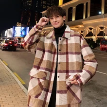 Fashion Mens woolen coat Red Khaki Loose plaid jacket Autumn Spring Winter