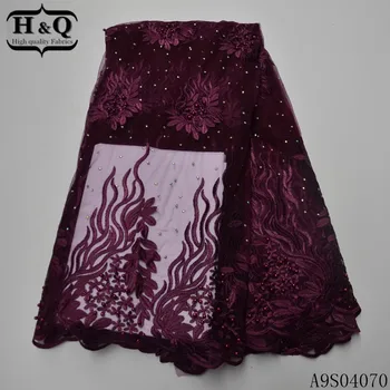 

H&Q fashion french net lace fabric embroidery with beads and stones 5 yards/piece african tulle laces fabrics for garment sewing
