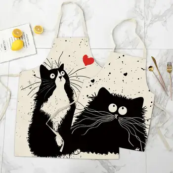 

55x68cm Kitchen Apron Cat Printed Cotton Linen Aprons Cooking Baking Restaurant Pinafore For Men Women Home Cleaning Tools