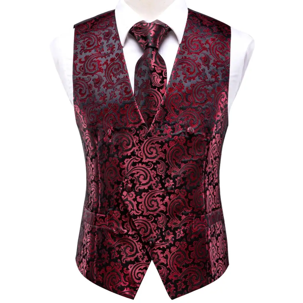Hi-Tie 20 Color Silk Men's Vests and Tie Business Formal Dresses Slim Vest 4PC Hanky cufflinks for Suit Blue Paisley Waistcoat