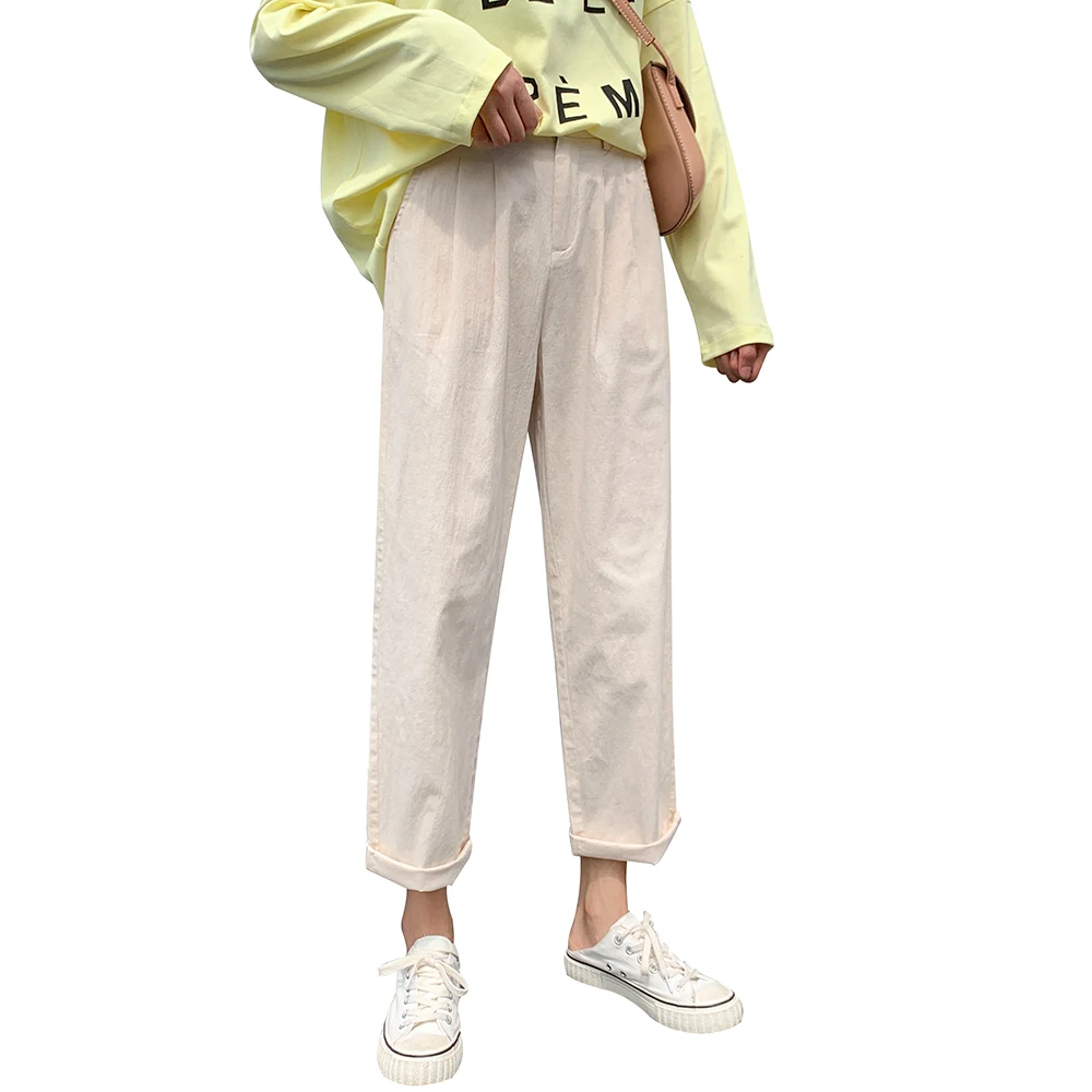 

2020 Cotton Linen Ankle Length Harem Pant Femme High Waist Elastic Waist Pants Spring Summer Korean Fashion Loose Casual Trouser