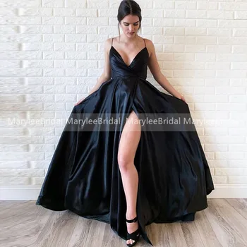 

Classic Black Prom Dresses 2020 Sexy High Slit Long Evening Dress Spaghetti Straps Pleats Satin Women Party Gowns Robe De Soiree