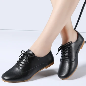 

STQ Women Flat Shoes Ladies Black Shoes Women 2020 Spring Fashion Genuine Leather Mother Shoes Lace Up Casual Oxfords Shoes 051