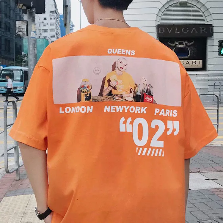 

2019 Summer New Style Trend Loose Short Sleeve T-shirt Couples Hip Hop Orange Versatile Half-sleeve Shirt Tops