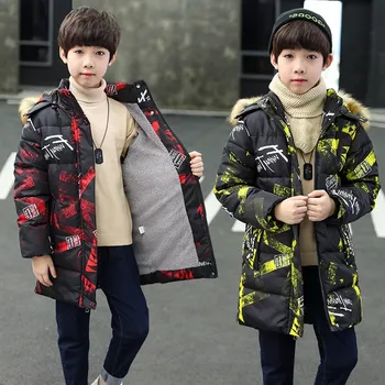

Winter Children's Cotton Warm Jacket Cotton-Padded Hooded Jacket Print Casual Clothes Autumn Jacket Boy Mid-Length Kids Coat