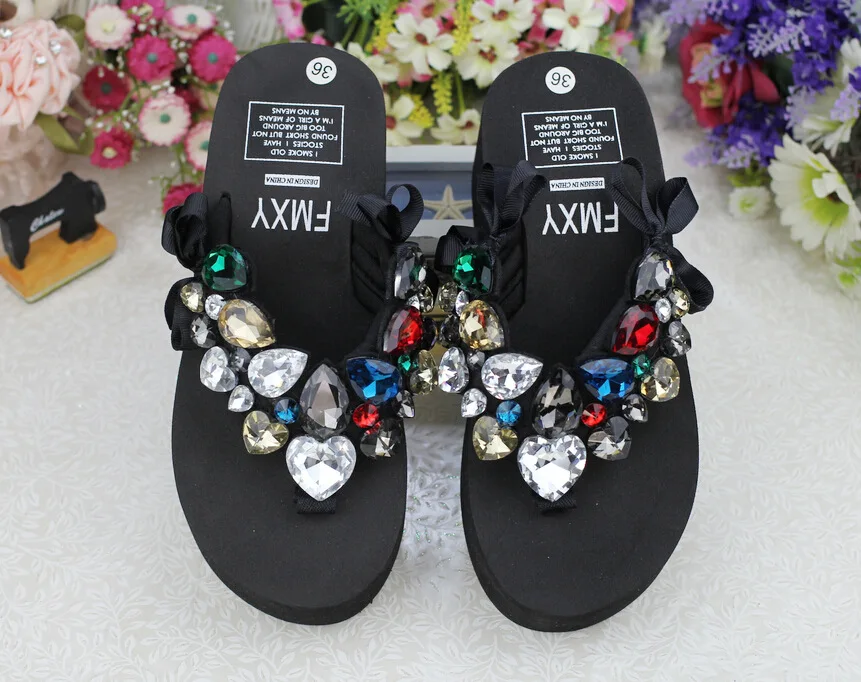 2019 Summer New Luxury Crystal Slippers Bow Womens Cheap Black Platform High Heels Comfortable Flip Flops Shoes Discount57