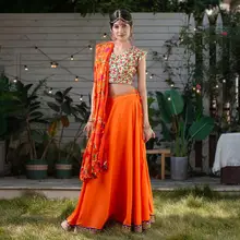 Индийский женский костюм для выступлений, красивый костюм, новинка, оранжевые танцевальные комплекты, индийский ленха для женщин, комплекты топ+ юбка+ шарф