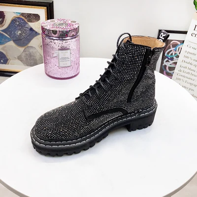 Gray with Zipper Женская обувь; сезон весна-осень; винтажные ботильоны с круглым носком в британском стиле; повседневные женские ботинки с украшением в виде кристаллов. OULYYYOGO - Цвет: Gray with Zipper