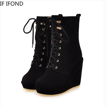 

IF IFOND Autumn Winter Classic Female Ankle Boots Lace Up Platform High Heels Wedges Shoes Fashion Botines