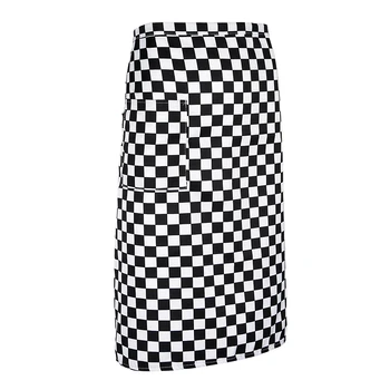 

White Black Grids Printed Chef Waitress Apron Bistro Apron Waist Tied Half Apron