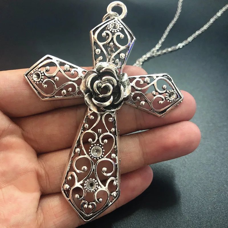 1PCS Retro Fashion Religious Faith Big Cross Pendant Necklace Flower Charm Tibetan Silver Color Jewelry For Women Gifts | Украшения и