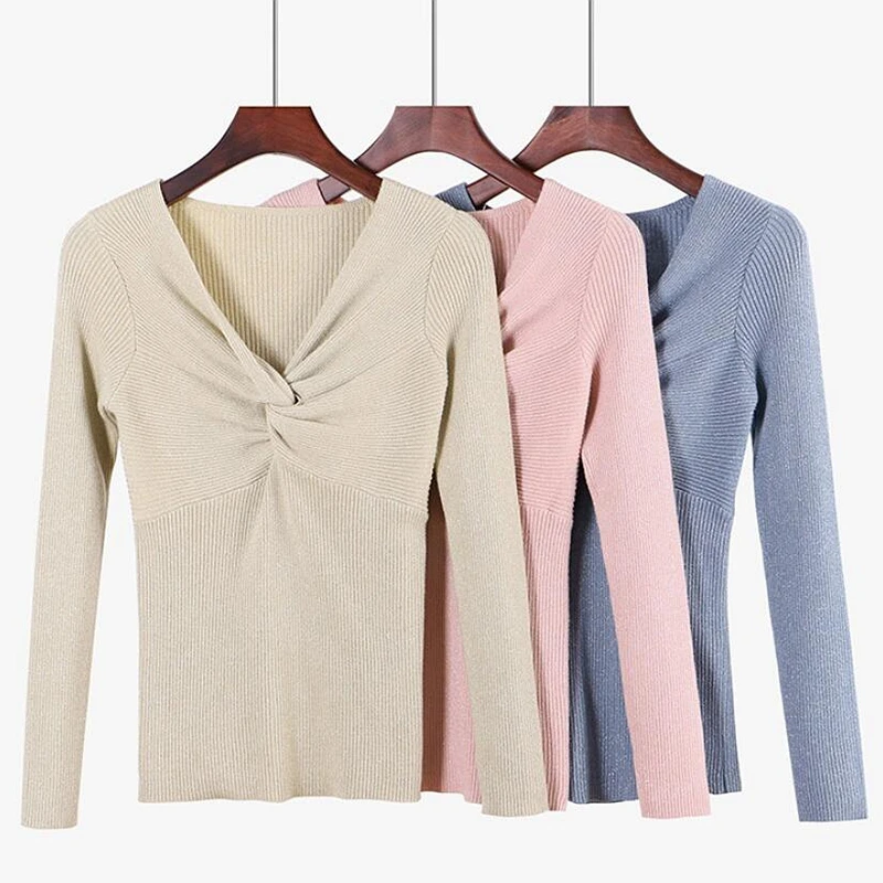 

ONLYSVTER Lurex Glitter Women Sweater Spring Autumn High Elasticity Rib Knitted Jumper Top Fashion Sexy Female Pullover Sweater